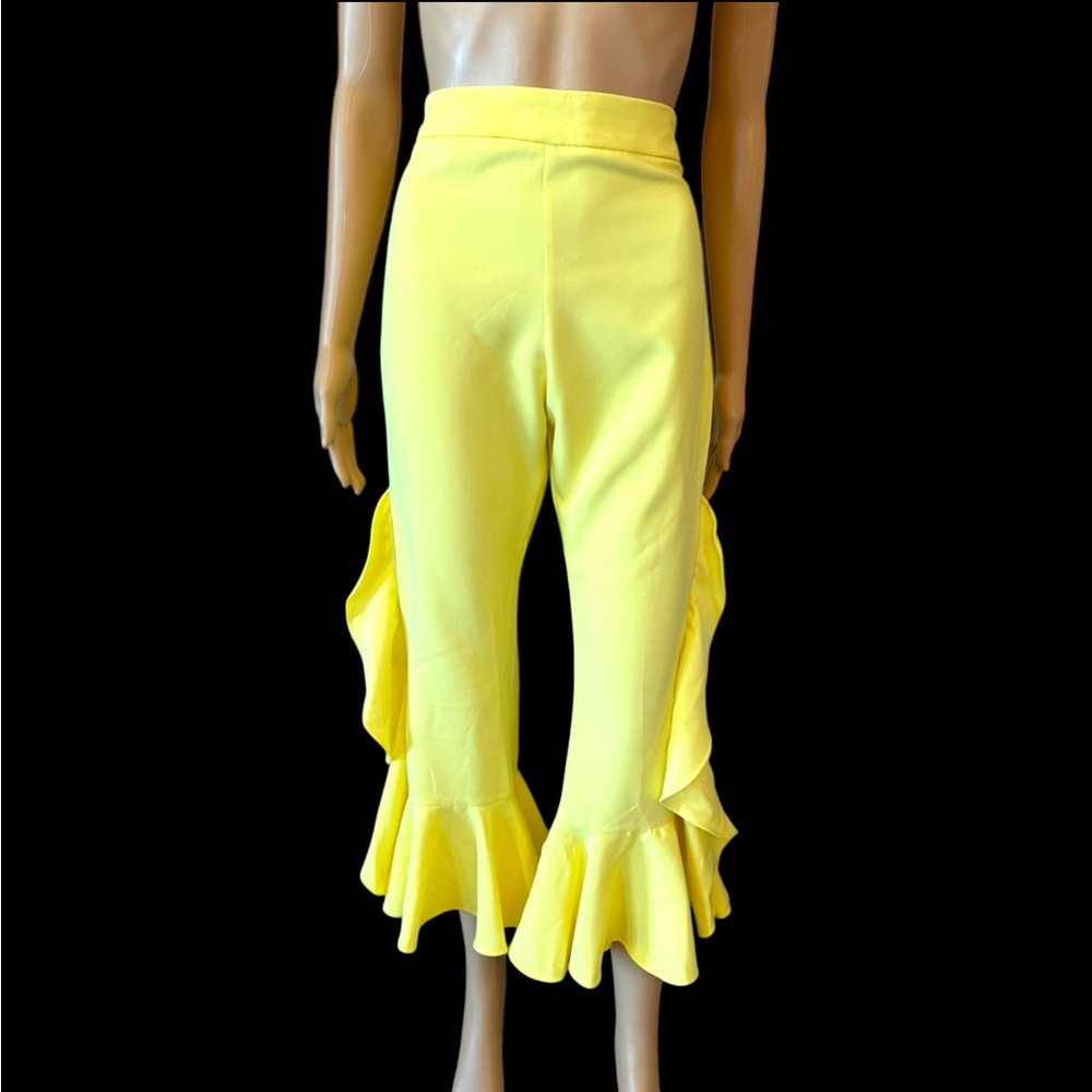 Bold Yellow Flared Ruffle Crop Stretch Pants - Picture 7 of 10